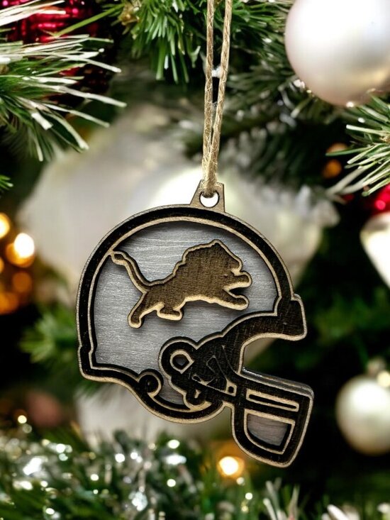 Detroit Lions Football Helmet Ornament | Laser Engraved Basswood - Picture 1 of 3